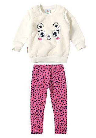 Conjunto Bebê Moletom Flanelado Rosa e Off-White - Zig Zig Zaa