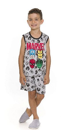 Pijama Manga Curta Infantil Menino Avengers Cinza Estampado - Coleção Pai e Filho