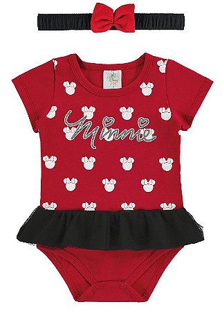 Body Manga Curta Bebê Menina Minnie com Tiara Vermelho - Marlan