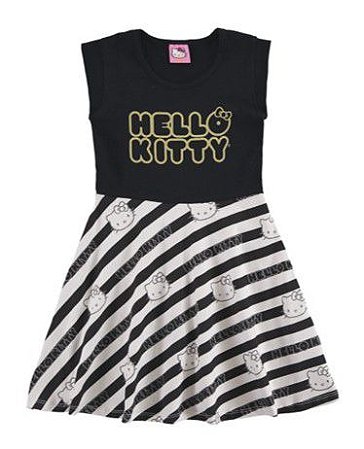 Vestido Manga Curta Infantil Menina Hello Kitty Preto e Branco - Marlan