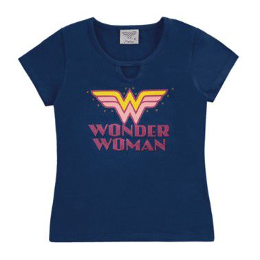 Blusa Manga Curta Infantil Menina Mulher Maravilha Azul Marinho - Marlan