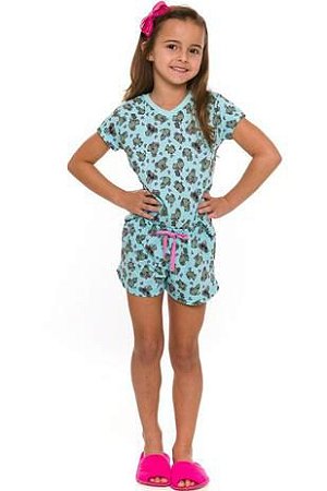 Pijama Manga Curta Infantil Menina Coala Verde