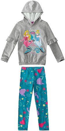 Conjunto Moletom Flanelado Infantil Menina Princesas da Disney Cinza e Verde - Malwee