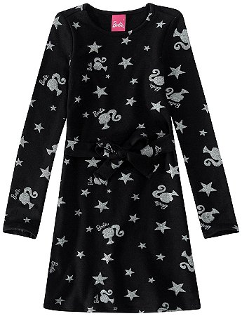 Vestido Manga Longa Infantil Menina Barbie Preto Glitter - Malwee
