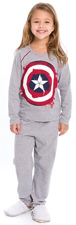Pijama Manga Longa Infanto Juvenil Menina Capitão América Cinza Estilo Urban