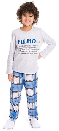 Pijama Manga Longa Infantil Menino Filho Cinza e Azul Xadrez
