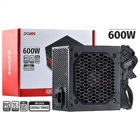 FONTE PCYES ATX 600W SPARK 75+ PFC ATIVO - CABOS FLAT - PXSP600WPT
