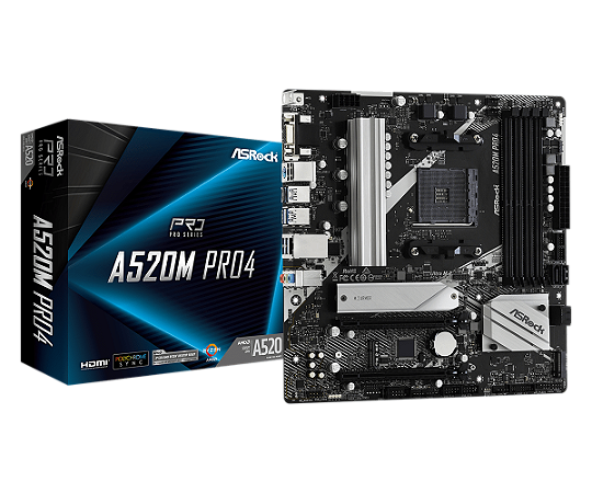 Placa Mãe AsRock A520M PRO4, AMD AM4, mATX, DDR4, M.2, DP, HDMI, VGA