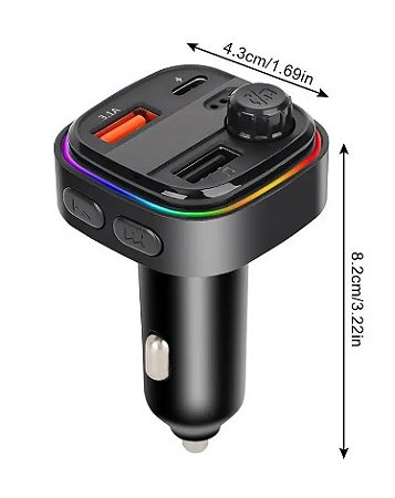 Carregador Veicular Transmissor Bluetooh FM MP3 USB-C Cor Preto - C26