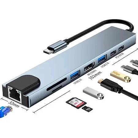 Adaptador Hub 8 em 1 USB-C com HDMI 4K + VGA + RJ45 + PD 100W + 2 USB 3.0 + SD/TF - Para MacBook, Windows, Chromebook, Notebook, Tablet e Celular Conversor Multiportas USB-C para HDMI/VGA/Ethernet
