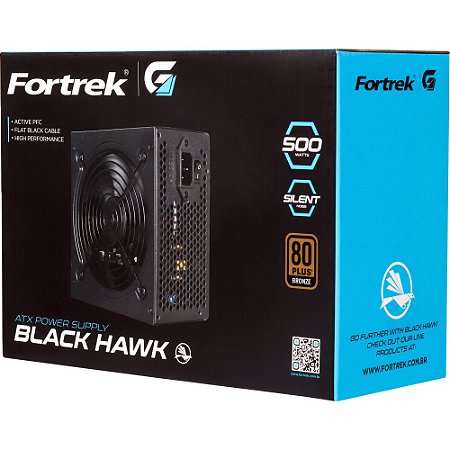 Fonte Black Hawk Gamer 500 Watts 80 Plus PFC Ativo Fortrek