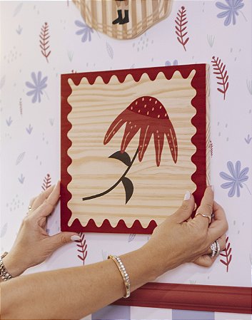Plaquinha de Madeira 25cm x 25cm - Flor Vinho