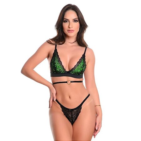 Conjunto Rendado Neon Sem Bojo Com Tira E Coração Hot Love