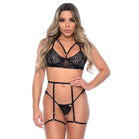 Conjunto Cinta Liga Sem Bojo Strappy Rendado Patitex