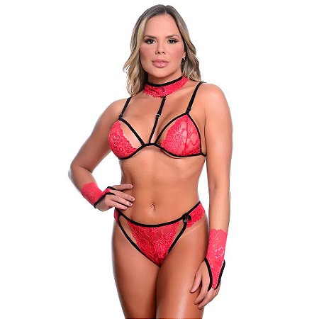 Conjunto Sexy Com Gargantilha E Luva Hot Love - Vermelho Com Preto