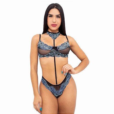 Conjunto Sensual Tule Bicolor Com Gargantilha Hot Love - Preto Com Azul Claro