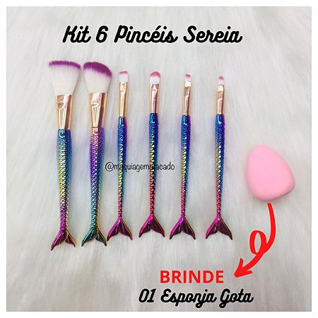 Kit 6 Pincéis Sereia + BRINDE Esponja Gota Para Maquiagem