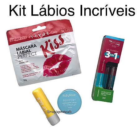 Kit Lábios Incríveis - Esfoliante Labial, Máscara Labial, Lip Balm e Gloss Lip Volumoso 3 em 1