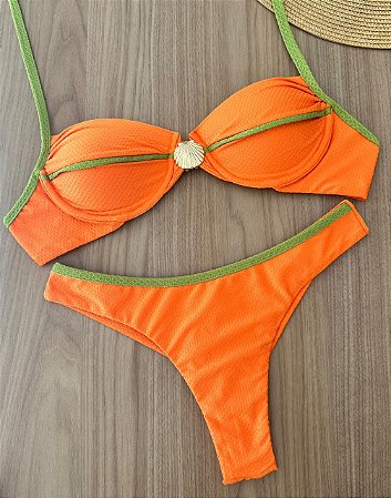 Biquíni Meia Taça Laranja Com Detalhes Verde Musgo