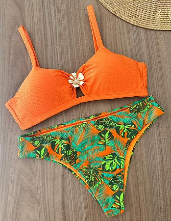 Biquíni Top Laranja Com Estampa