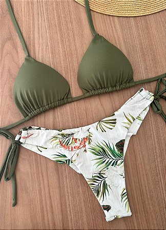 Biquíni Cortininha Verde Militar Com Estampa