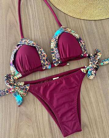 Biquíni Cortininha Dobrado Marsala Com Estampa