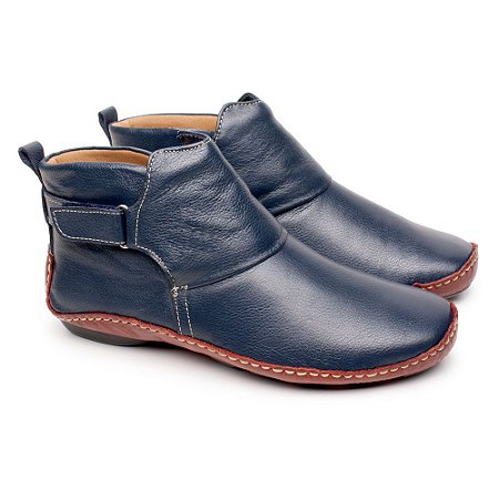 BOTA FEMININA CANO CURTO ANKLE BOOT EM COURO NATURAL COR AZUL MARINHO E VERMELHO 7840