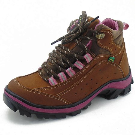 BOTA FEMININA COTURNO ADVENTURE COURO NATURAL COR RATO/ROSA A019