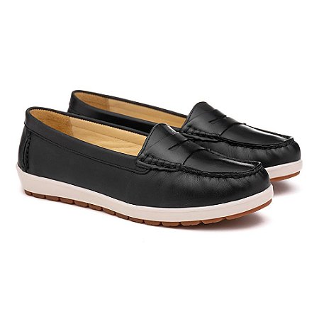 MOCASSIM FEMININO EM COURO LEGÍTIMO MARCA FRANCA BRASIL CONFORTO COR PRETO 40000