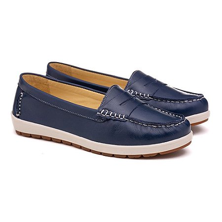 MOCASSIM FEMININO EM COURO LEGÍTIMO MARCA FRANCA BRASIL CONFORTO COR MARINHO 40000