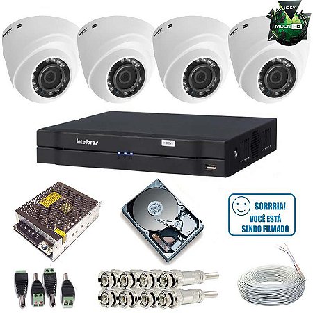 Sistema de Segurança Intelbras com 4 Câmeras Dome 1010D 1.0 MP DVR Stand Alone Multi HD