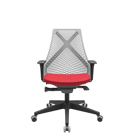 Cadeira de Escritório Presidente Tela BIX com Autocompensador NR17 Plaxmetal Tecido Poliester Vermelho Tela Cinza