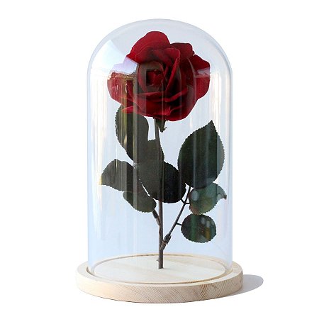 Redoma de vidro com base de madeira 15X26cm com rosa