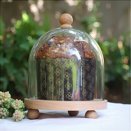 Porta panetone de madeira com redoma - Bolinhas