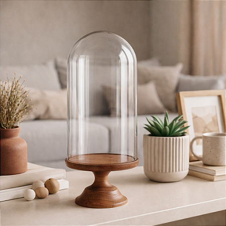 Pedestal em Madeira com Redoma de Vidro Altura 35cm