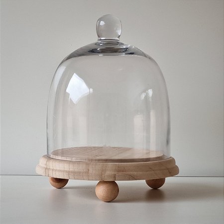 Redoma de vidro larga com base de madeira com pezinhos - Grande