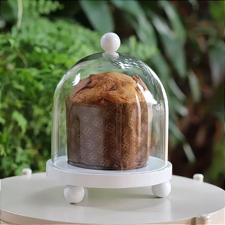 Porta panetone Bolinhas com redoma de vidro - BRANCO