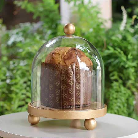Porta panetone Bolinhas com redoma de vidro - DOURADO