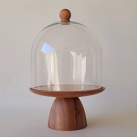 Porta panetone Charme de madeira com redoma de vidro com pegador