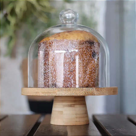 Porta panetone de Bambu com redoma de vidro - até 400g