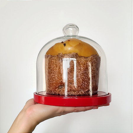 Porta panetone de MDF na cor VERMELHA com redoma de vidro - até 400g