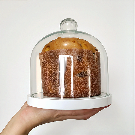 Porta panetone de MDF na cor BRANCA com redoma de vidro - até 400g