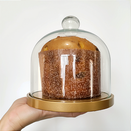 Porta panetone de MDF na cor DOURADA com redoma de vidro - até 400g