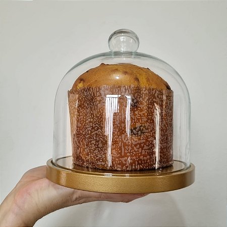 Porta panetone de MDF na cor DOURADA com redoma de vidro - até 400g