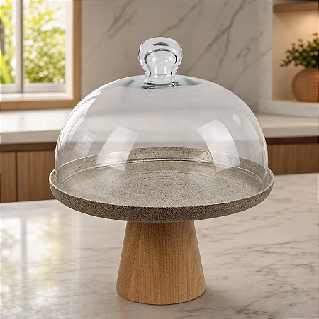 Boleira Com Prato Ceramica Bege e Redoma de Vidro com Base Cone