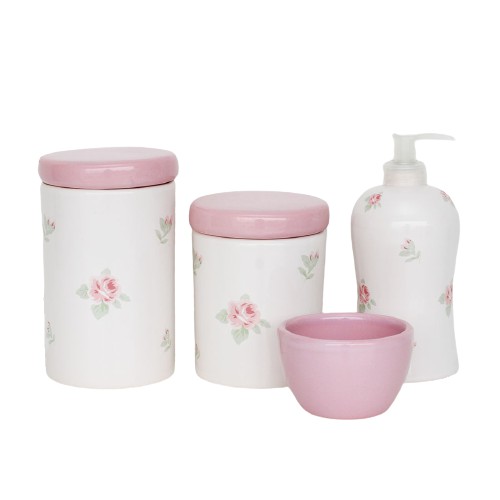 kit higiene de louça - Branco e rosa bebê com rosas