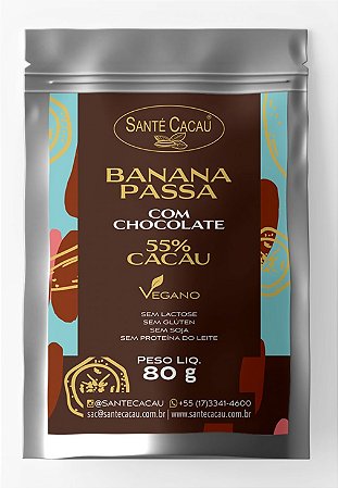 Banana Passa coberta com Chocolate 55% cacau | vegano e sem lactose (80g)