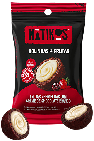 Bolinhas de Frutas Vermelhas com Creme de Chocolate Branco Nátikos '30g | Zero Açúcar e Sem Lactose