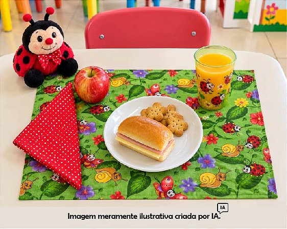 Jogo Americano Infantil em Tecido | Joaninha com Guardanapo Vermelho