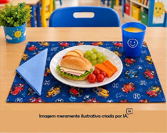 Jogo Americano Infantil em Tecido | Carros com Guardanapo Azul